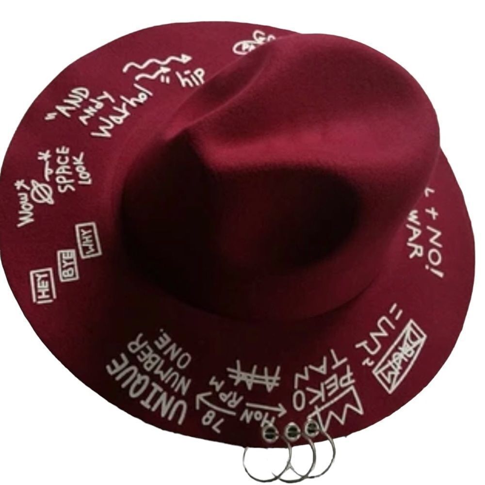 Burgundy Fedora Graffiti Wide Brim Silver O-Rings Fedora Hat NEW